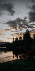 Lake,Shore,Bank,Dusk,Twilight,Dark,Bench