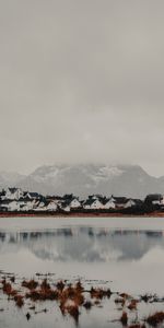 Lake,Shore,Bank,Fog,Land,Elevation,Mountains,Nature,Houses