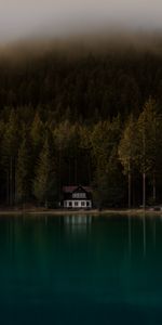 Lake,Shore,Bank,Fog,Nature,Gloomy,House