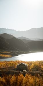 Naturaleza,Montañas,Lago,Orilla,Banco,Logia,Pequeña Casa