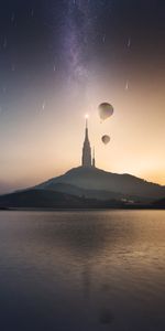 Lake,Starry Sky,Hill,Tower,Meteors,Cities,Meteora,Balloons