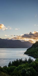 Lake,Wakatipu,Trees,Mountains,New Zealand,Nature,Sunset