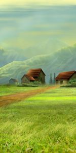 Dessins,Herbe,Arbres,Montagnes,Maisons,Paysage