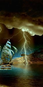 Landscape,Night,Transport,Sea,Lightning,Ships