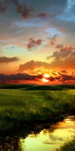 Landscape,Rivers,Sunset,Grass,Sky,Clouds,Art Photo