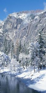 Rivières,Montagnes,Arbres,Neige,Hiver,Paysage