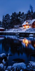 Landscape,Winter,Houses,Snow,Lakes