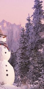 Landscape,Winter,New Year,Snow,Fir Trees,Snowman,Christmas Xmas