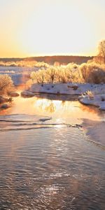 Coucher De Soleil,Rivières,Paysage,Arbres,Neige,Hiver