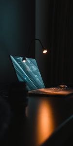 Laptop,Table,Dark,Lamp,Workplace,Notebook