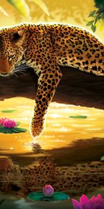 Leopard,Tree,Water,Water Lilies,Wood,Art