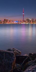 Lights,Lake,Reflection,Cities,Stones,City,Toronto,Night,Canada