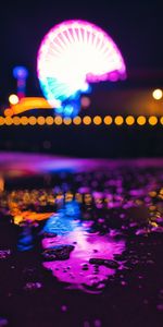 Lights,Reflection,Blur,Smooth,Puddle,Ferris Wheel,Neon,Dark