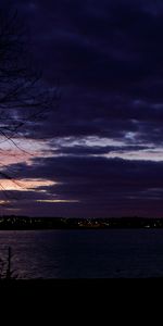 Lights,Silhouette,Tree,Water,Sunset,Dark,Wood