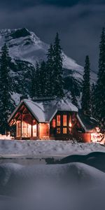 Lodge,Evening,Winter,Small House,Trees,Snow,Nature