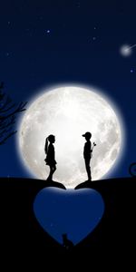 Enfants,Romance,Silhouettes,Amour,Lune