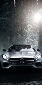 Mercedes Benz,Вид Спереди,Тачки (Cars),Серебристый,2016,Gt S,Amg,Ночь,Лес