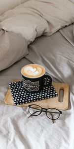 Lit,Lunettes,Divers,Une Tasse,Cappuccino,Coupe,Livre