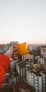 Miscellanea,Miscellaneous,Roof,Roofs,Mug,City,Hand,Cup,Rising Sun,Dawn