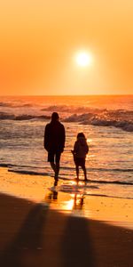 Flâner,Paire,Silhouettes,Promenade,Coupler,Divers,Coucher De Soleil,Mer