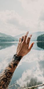 Miscellaneous,Touching,Touch,Tattoos,Lake,Hand,Miscellanea,Tattoo,Landscape