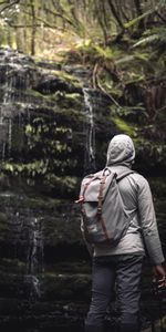 Miscellaneous,Waterfall,Person,Backpack,Rucksack,Miscellanea,Human,Hood