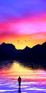 Motley,Mountains,Multicolored,Sunset,Silhouette,Sea,Art