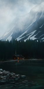 Mountain,Lake,Art,Forest,House