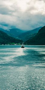 Mountains,Clouds,Fog,Boat,Nature,Ship