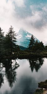 Mountains,Clouds,Lake,Reflection,Spruce,Fir,Nature