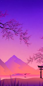 Sakura,Grue,But,Mauve,Porte,Torii,Montagnes,Art