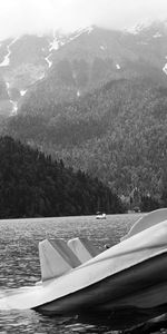 Mountains,Lake,Shore,Bank,Ritsa,Abkhazia,Catamaran,Nature,Black And White