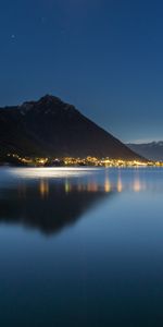 Mountains,Night,Lights,Lake,Reflection,Cities,City