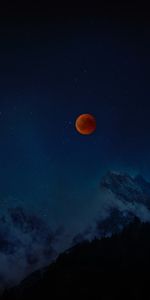 Mountains,Night,Red Moon,Universe,Starry Sky,Full Moon