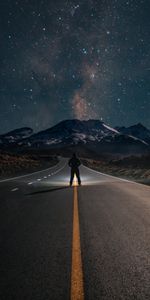 Mountains,Night,Silhouette,Road,Starry Sky,Nature