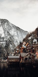 Mountains,On The River Bank,Nature,Snow,Houses