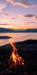 Mountains,Sea,Fire,Miscellanea,Miscellaneous,Sunset,Bonfire,Campsite,Camping