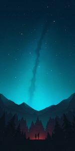 Mountains,Starry Sky,Forest,Silhouettes,Night,Art