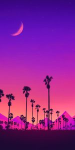 Nuit,Mauve,Montagnes,Lune,Palms,Art