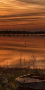 Nature,Birds,Sunset,Reflection,Shore,Bank,Evening,Rivers,Boats