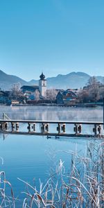 Naturaleza,Montañas,Edificio,Lago,Orilla,Banco,Muelle