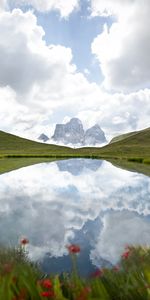 Nature,Grass,Clouds,Lake,Person,Mountains,Human