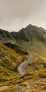 Nature,Grass,Mountains,Road,Winding,Sinuous,Hut