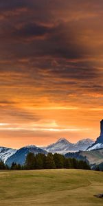 Nature,Grass,Sky,Sunset,Snowy Mountains