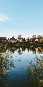 Herbe,Lac,Nature,Crépuscule,Rive,Banque,Maisons