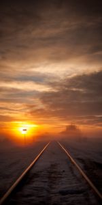 Nature,Horizon,Fog,Sunset,Snow,Railway