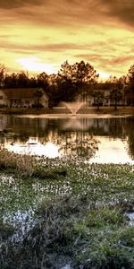 Nature,Houses,Fountain,Evening,Mainly Cloudy,Overcast,Pond