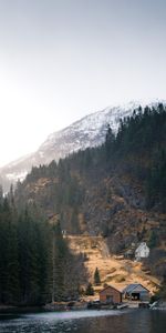 Nature,Forêt,Lac,Montagnes,Petites Maisons,Maisons