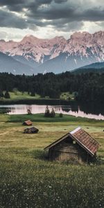 Montagnes,Nature,Pelouse,Petites Maisons,Lac,Maisons