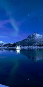 Puesta Del Sol,Montañas,Lago,Bote,Naturaleza,Hielo,Un Barco,Cielo Estrellado